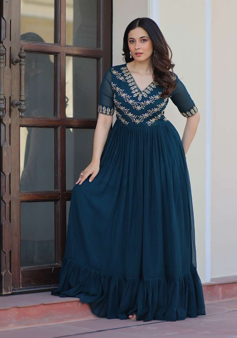 Navy Blue Embroidered Georgette Anarkali - Indya