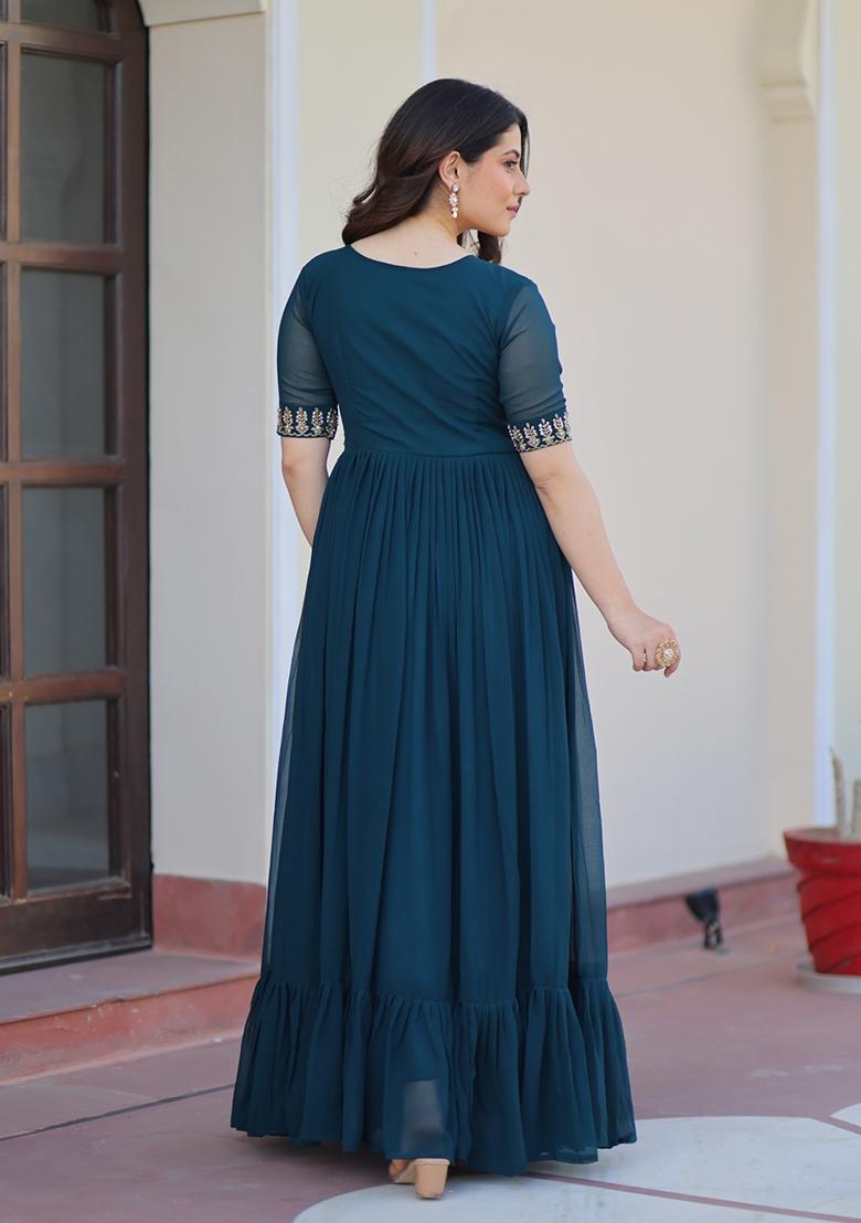 Navy Blue Embroidered Georgette Anarkali - Indya