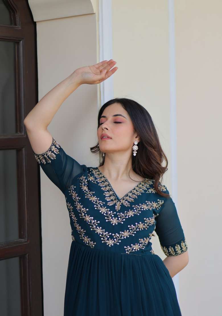 Navy Blue Embroidered Georgette Anarkali - Indya
