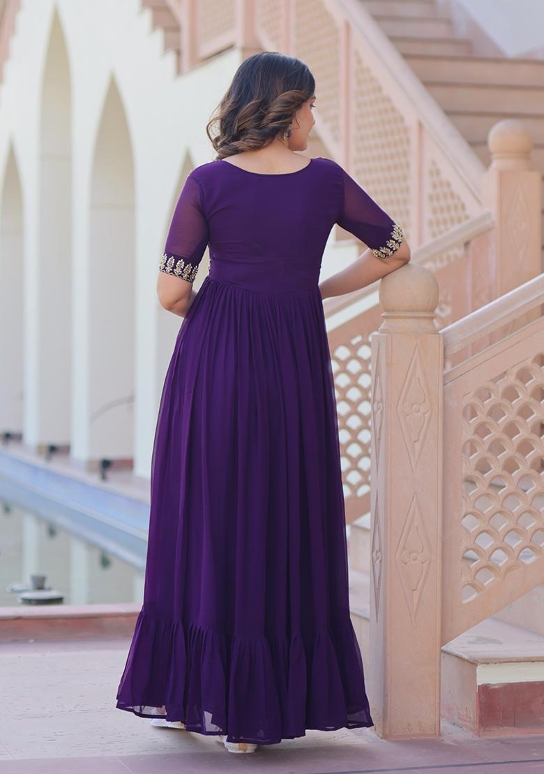 Purple Embroidered Georgette Anarkali - Indya