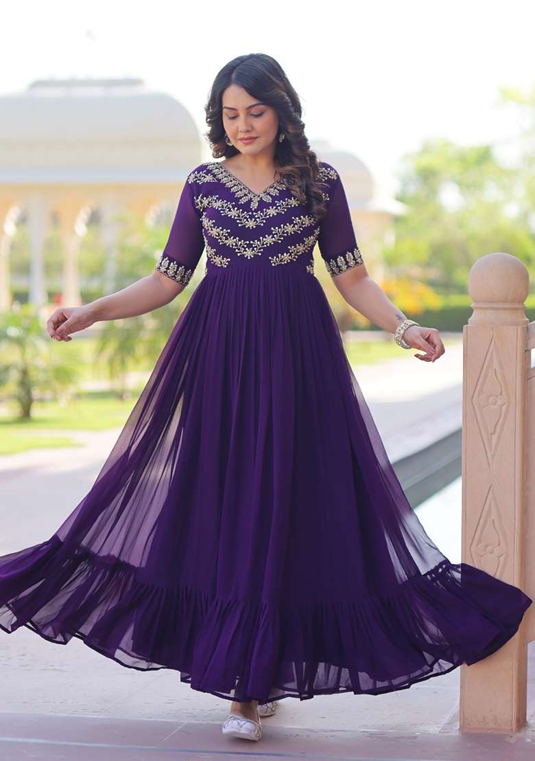 Purple Embroidered Georgette Anarkali - Indya