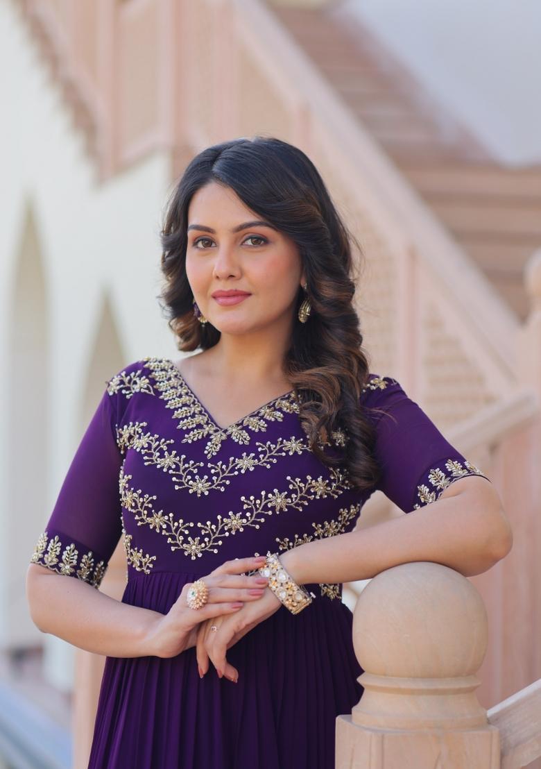 Purple Embroidered Georgette Anarkali - Indya