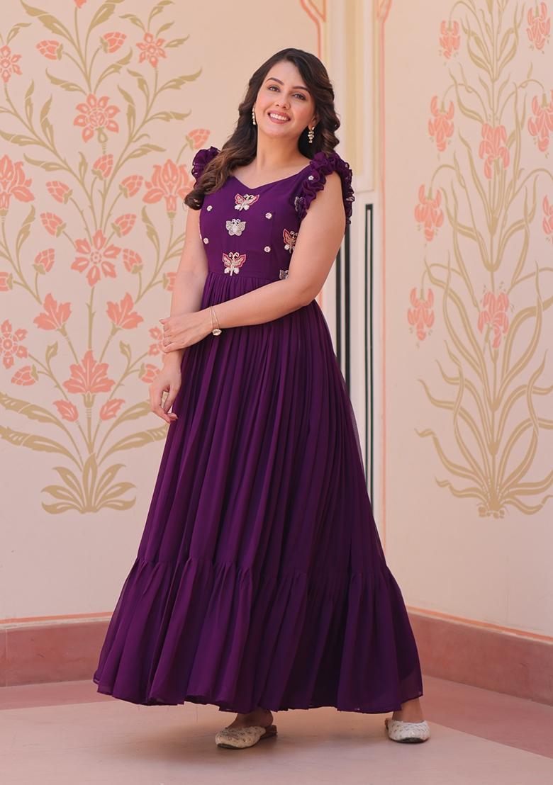 Purple Embroidered Georgette Anarkali - Indya