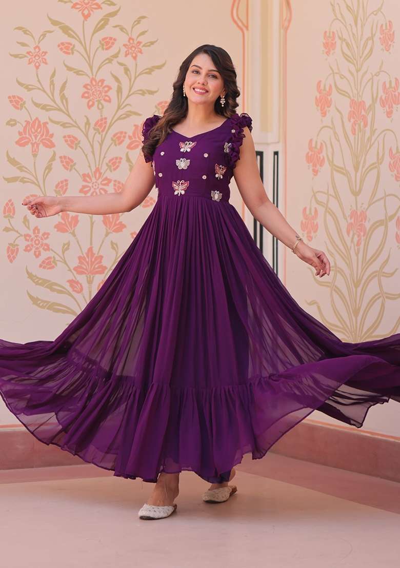 Purple Embroidered Georgette Anarkali - Indya