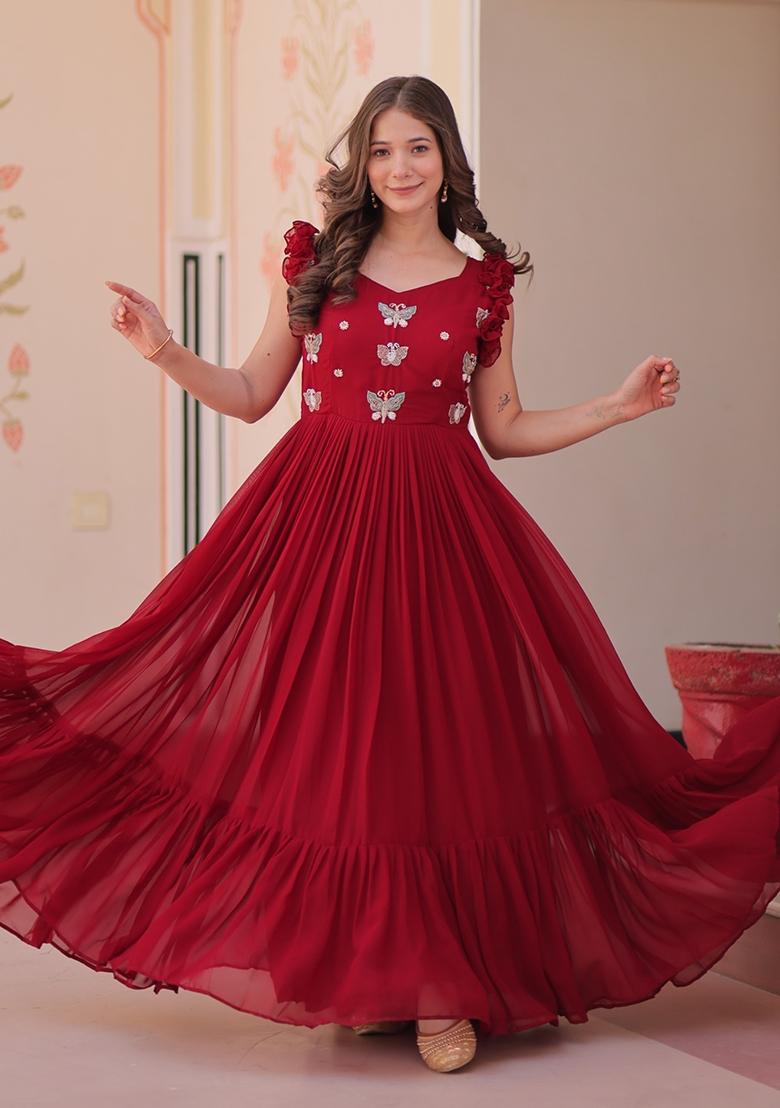 Red Embroidered Georgette Anarkali - Indya