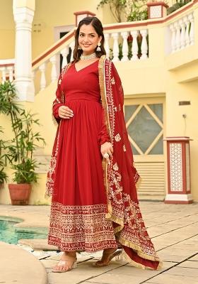 Maroon Embroidered Georgette Anarkali With Dupatta
