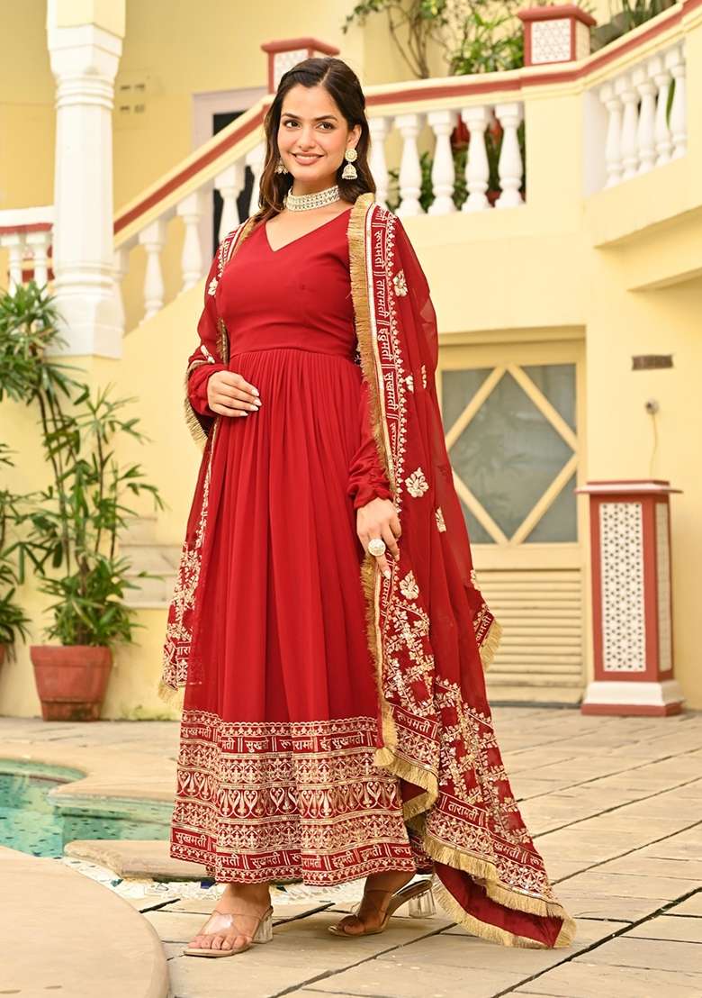 Maroon Embroidered Georgette Anarkali With Dupatta - Indya