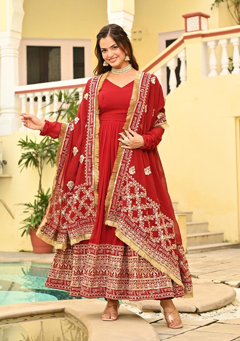 Maroon Embroidered Georgette Anarkali With Dupatta - Indya