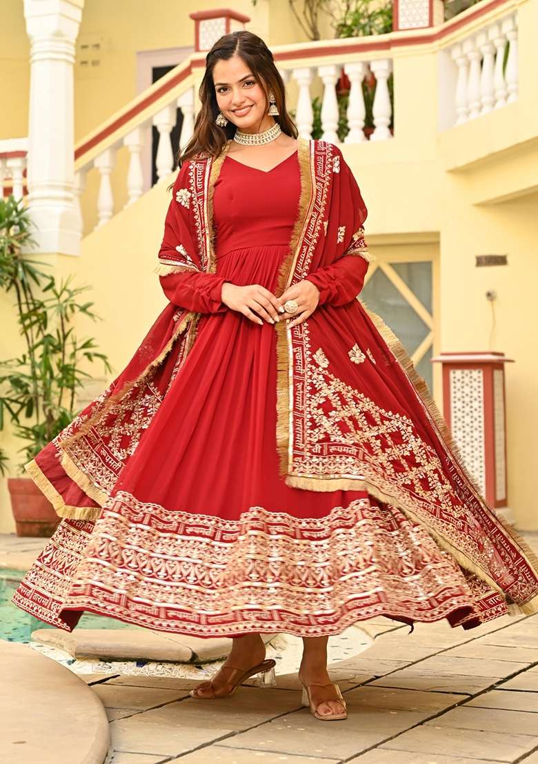 Maroon Embroidered Georgette Anarkali With Dupatta - Indya