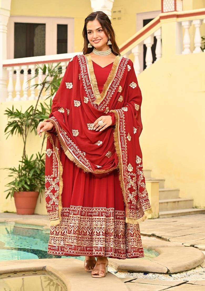 Maroon Embroidered Georgette Anarkali With Dupatta - Indya