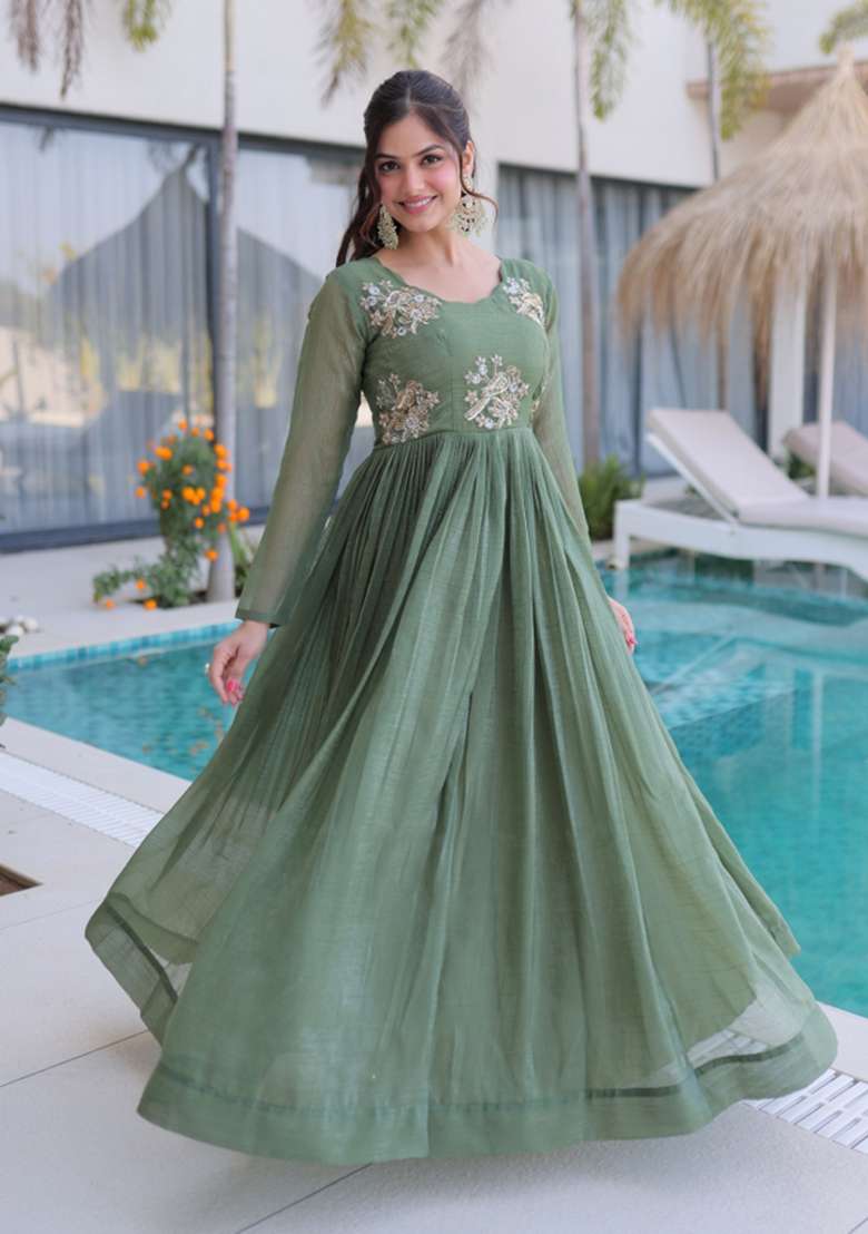 Sea Green Embroidered Silk Anarkali - Indya