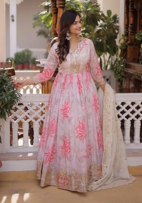Pink Embroidered Silk Anarkali With Dupatta
