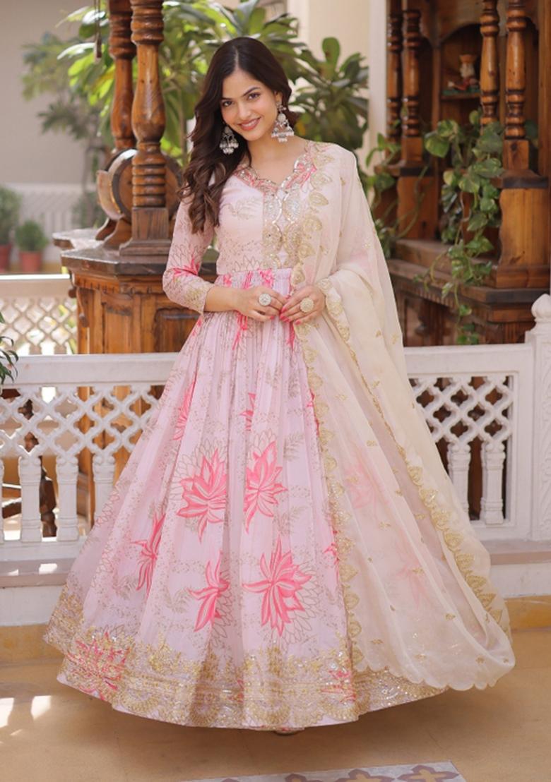 Pink Embroidered Silk Anarkali With Dupatta - Indya