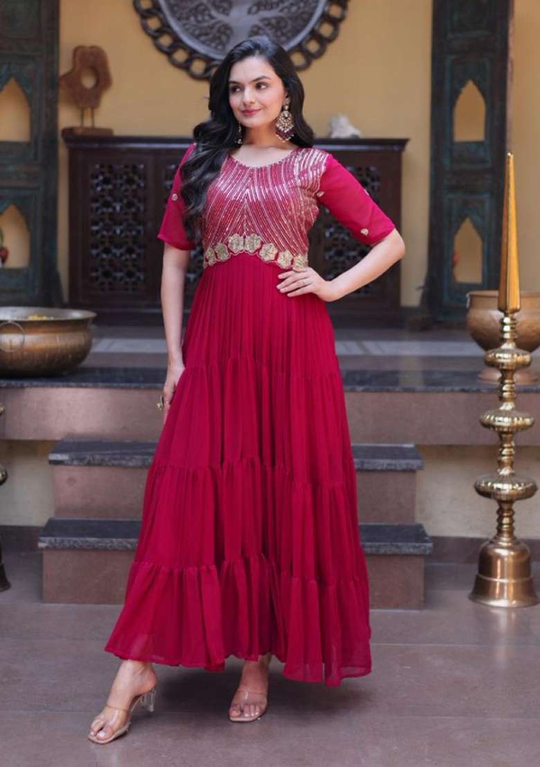 Maroon Embroidered Georgette Anarkali - Indya