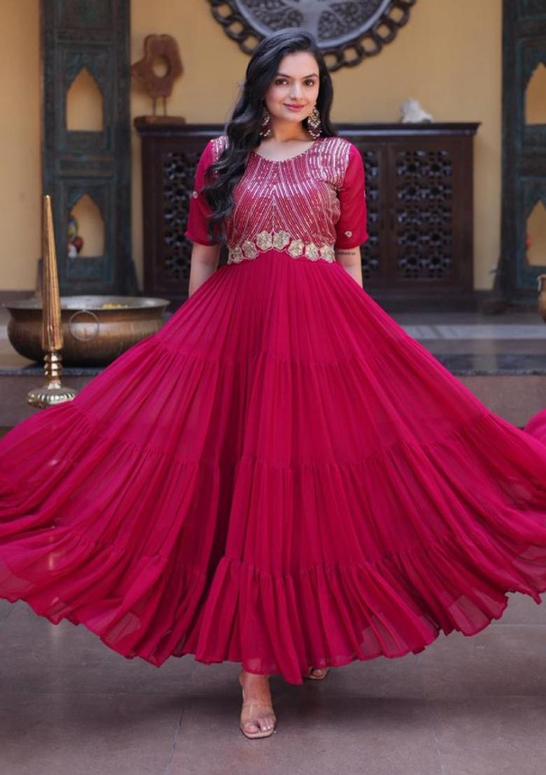 Maroon Embroidered Georgette Anarkali - Indya