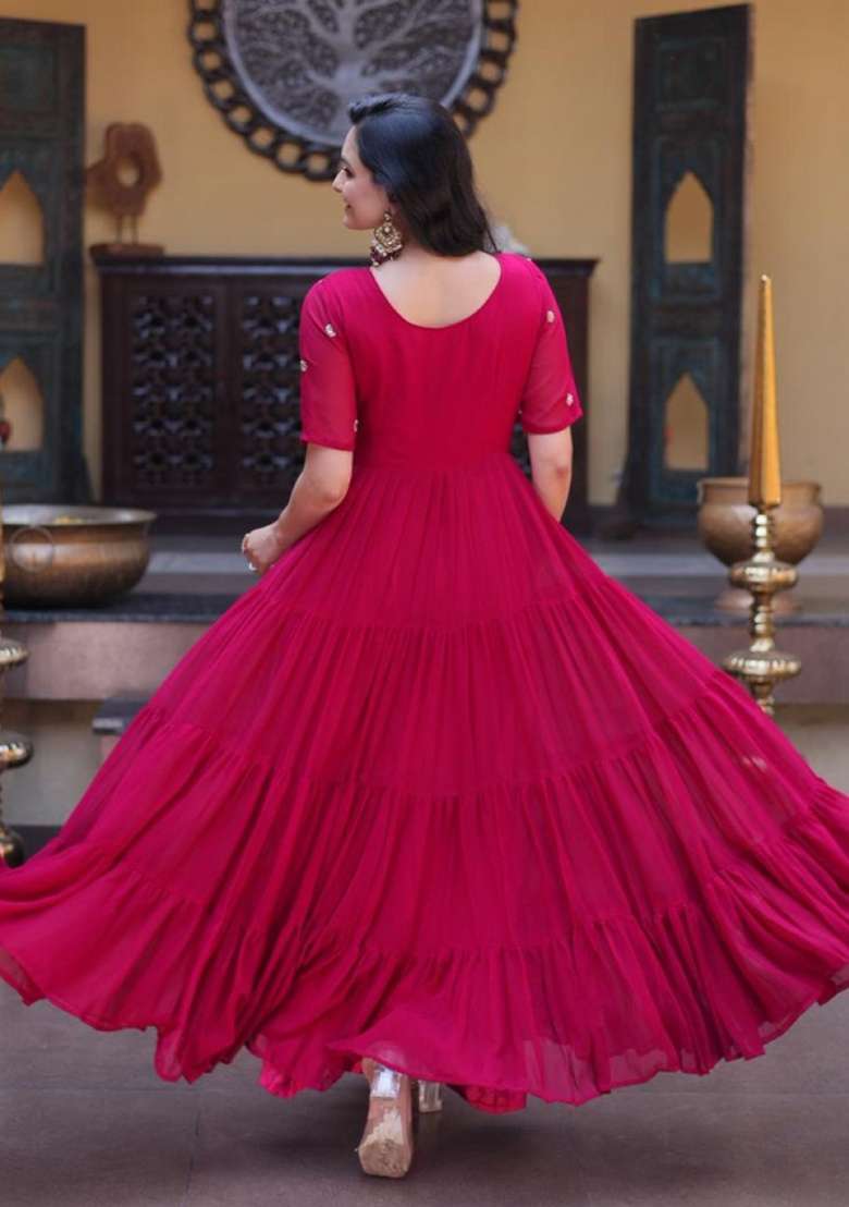 Maroon Embroidered Georgette Anarkali - Indya