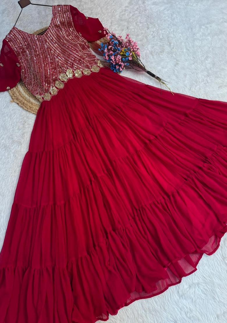 Maroon Embroidered Georgette Anarkali - Indya