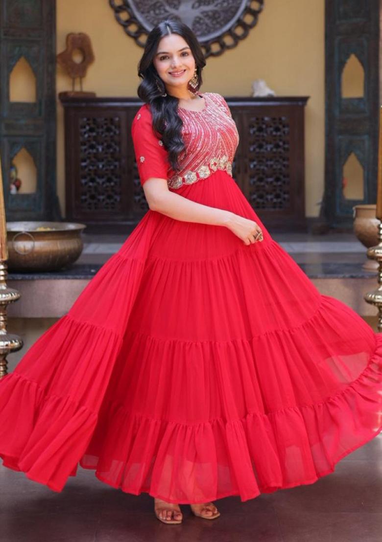 Red Embroidered Georgette Anarkali - Indya