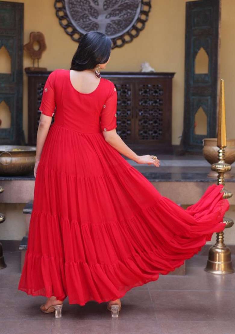Red Embroidered Georgette Anarkali - Indya