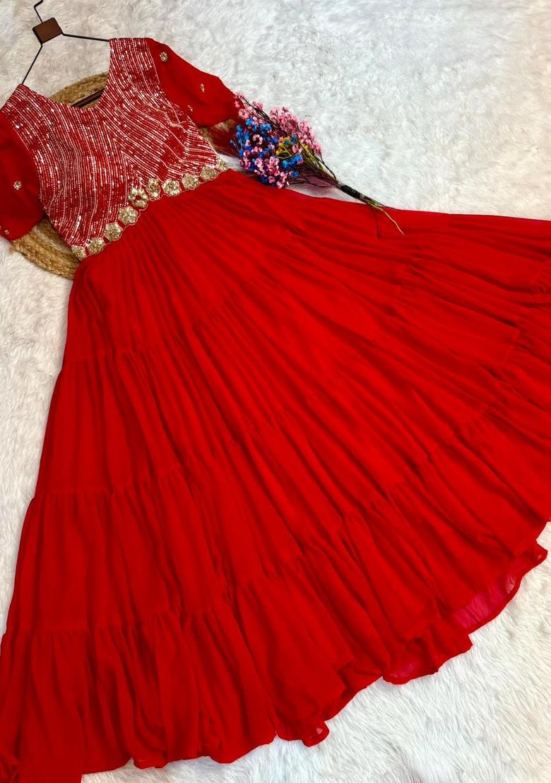 Red Embroidered Georgette Anarkali - Indya