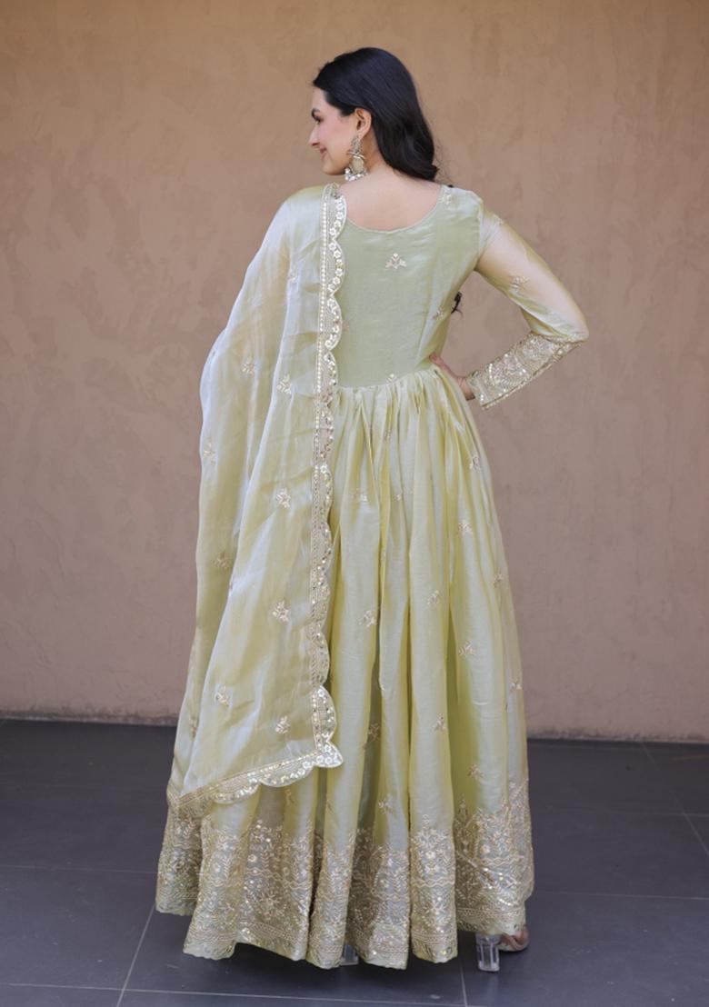 Green Embroidered Silk Anarkali With Dupatta - Indya