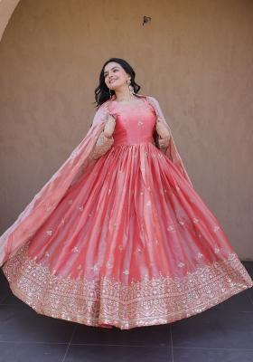 Peach Embroidered Silk Anarkali With Dupatta