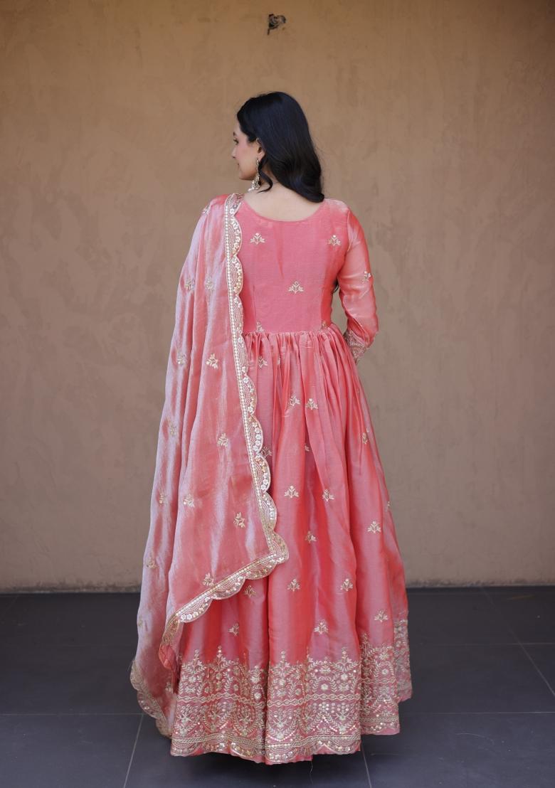 Peach Embroidered Silk Anarkali With Dupatta - Indya