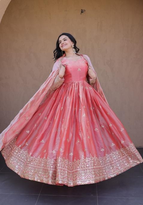 Peach Embroidered Silk Anarkali With Dupatta