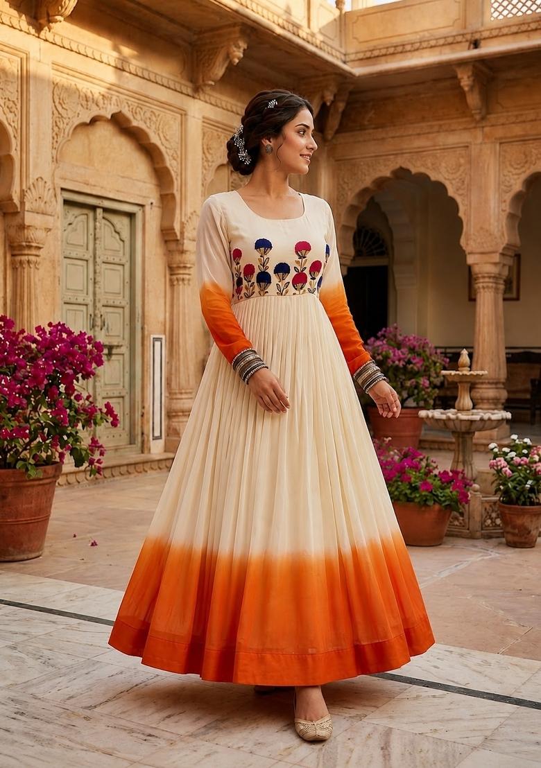 Orange Embroidered Georgette Anarkali - Indya