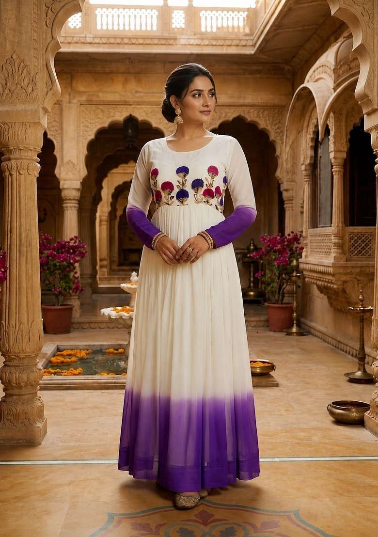 Purple Embroidered Georgette Anarkali - Indya