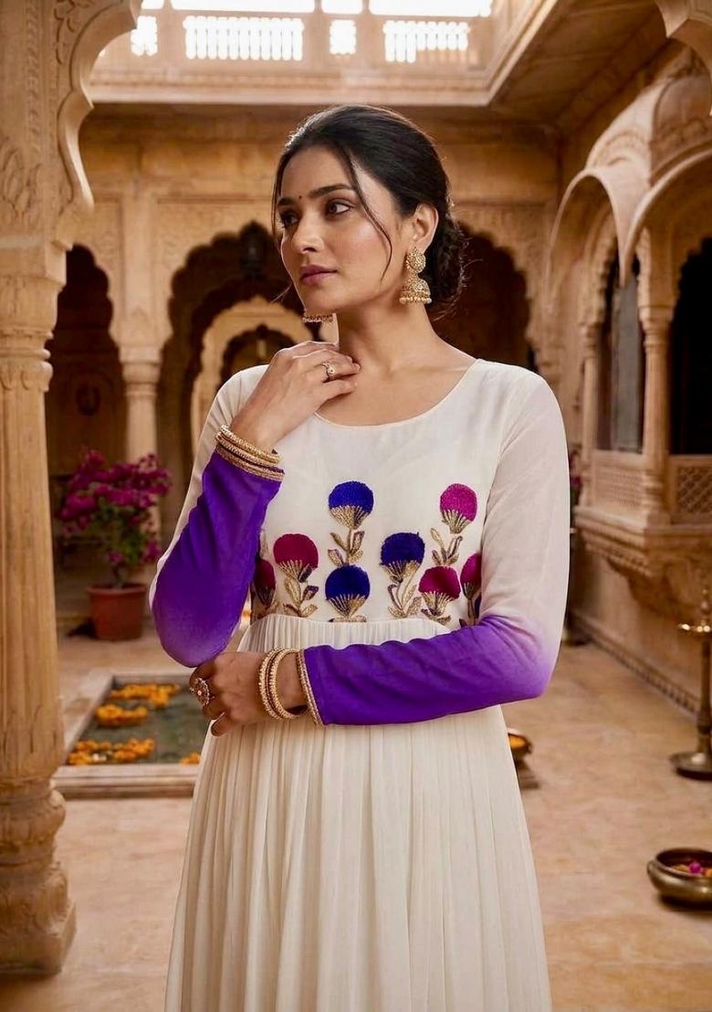 Purple Embroidered Georgette Anarkali - Indya