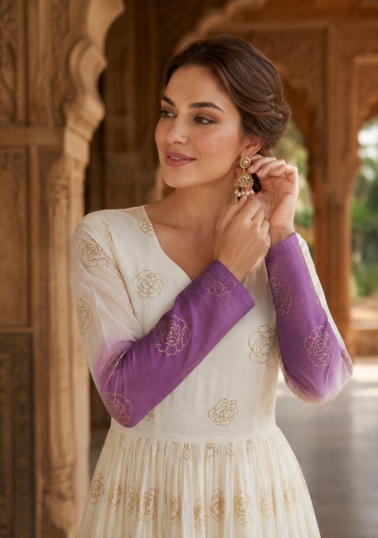 Lavender Embroidered Silk Anarkali - Indya