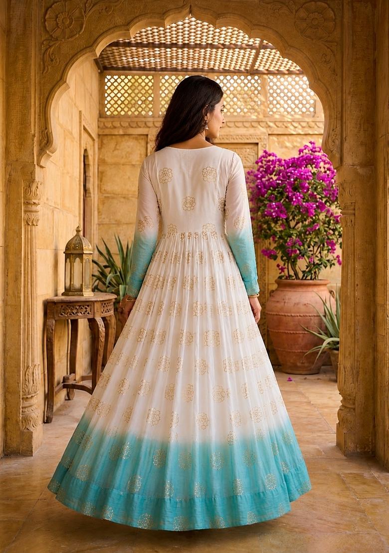Blue Embroidered Silk Anarkali - Indya