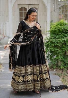 Black Embroidered Georgette Anarkali With Dupatta