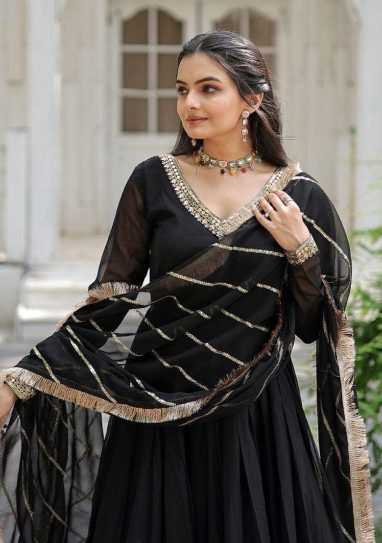 Black Embroidered Georgette Anarkali With Dupatta - Indya