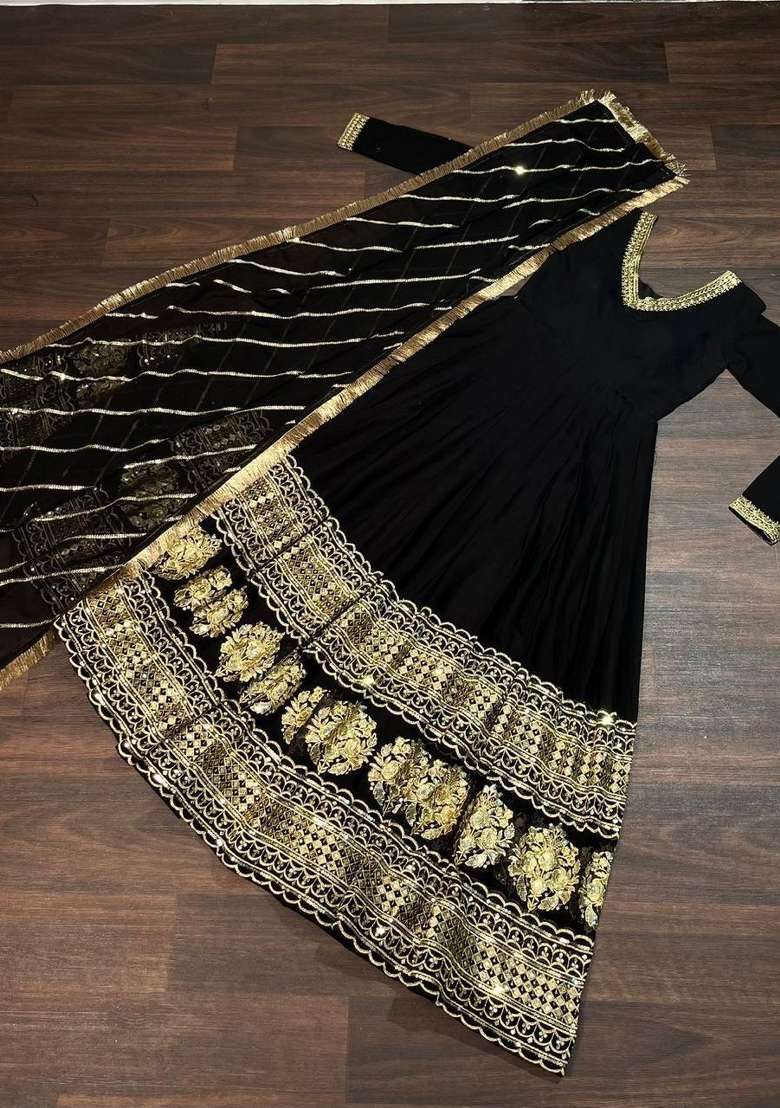 Black Embroidered Georgette Anarkali With Dupatta - Indya