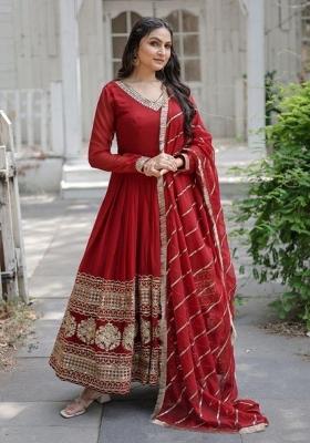 Maroon Embroidered Georgette Anarkali With Dupatta
