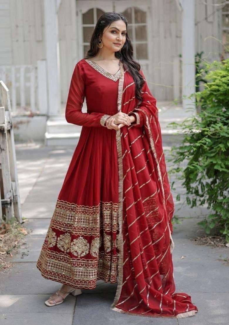 Maroon Embroidered Georgette Anarkali With Dupatta - Indya