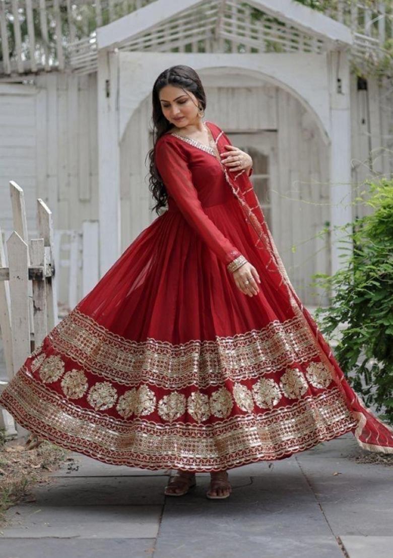 Maroon Embroidered Georgette Anarkali With Dupatta - Indya