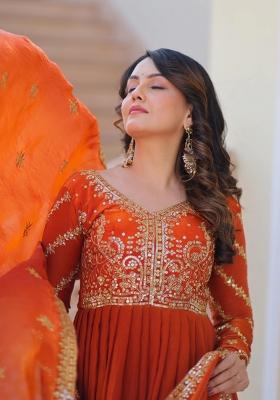Orange Embroidered Silk Anarkali With Dupatta