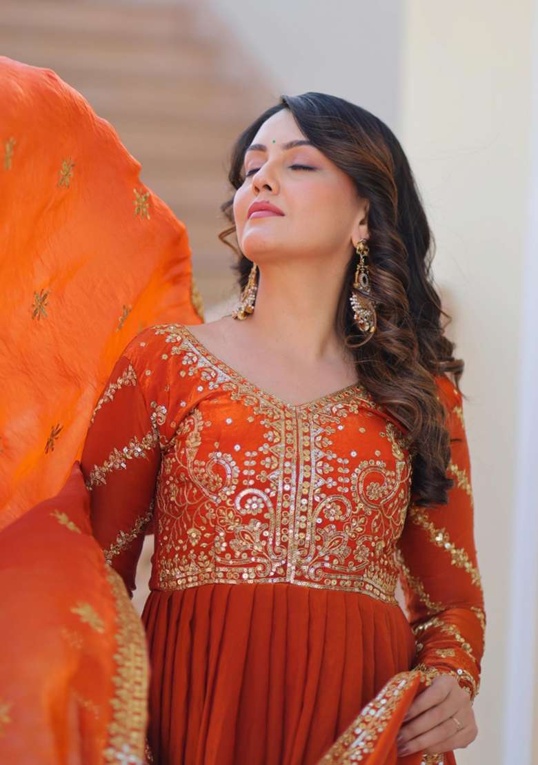 Orange Embroidered Silk Anarkali With Dupatta - Indya