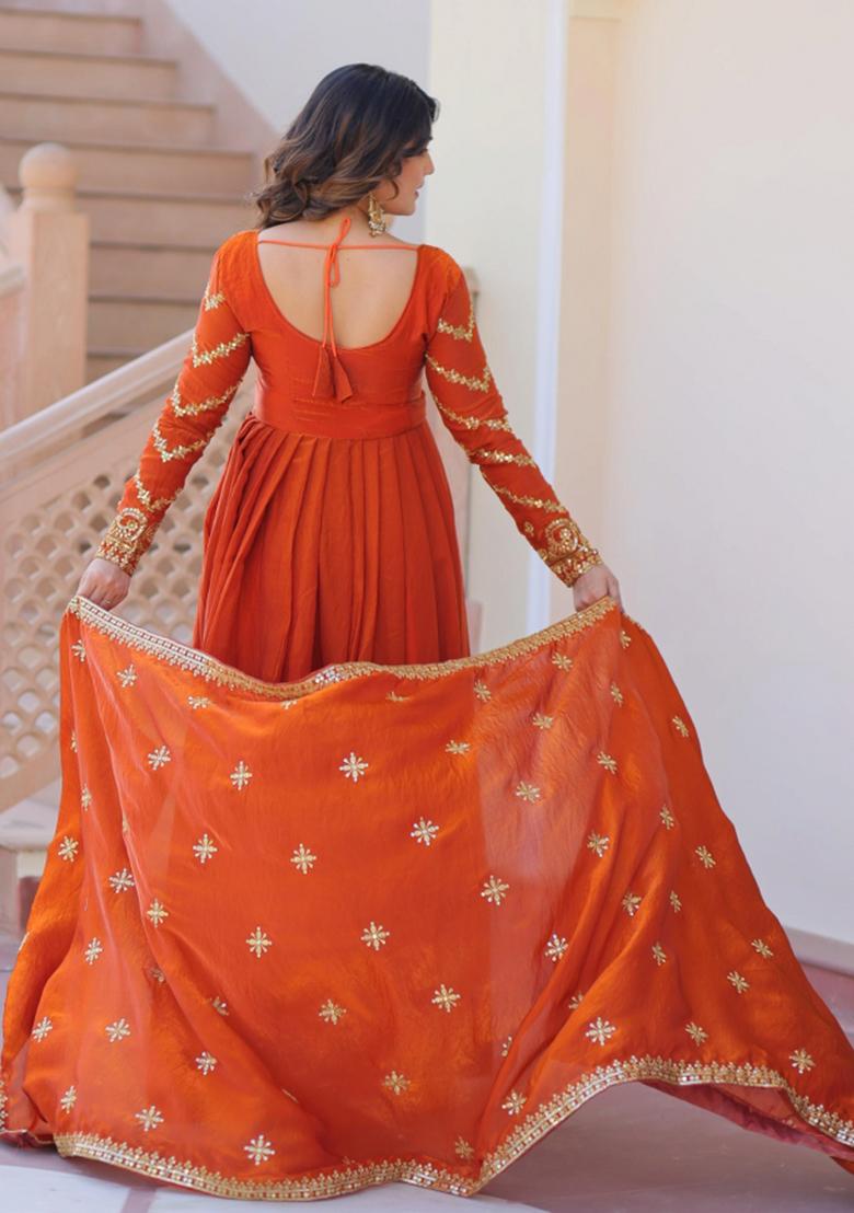 Orange Embroidered Silk Anarkali With Dupatta - Indya
