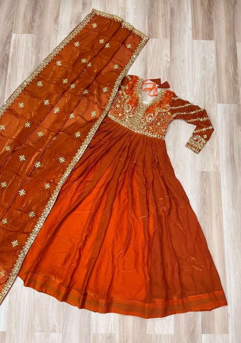 Orange Embroidered Silk Anarkali With Dupatta - Indya