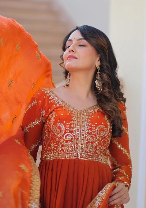 Orange Embroidered Silk Anarkali With Dupatta