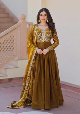 Mehendi Embroidered Silk Anarkali With Dupatta