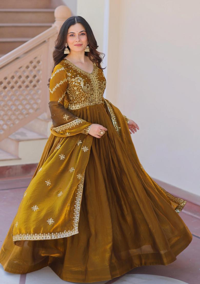 Mehendi Embroidered Silk Anarkali With Dupatta - Indya
