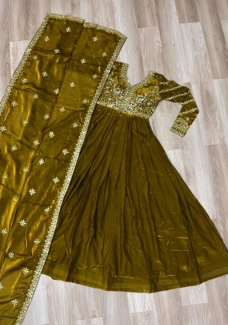 Mehendi Embroidered Silk Anarkali With Dupatta - Indya
