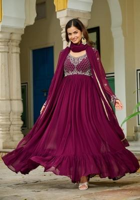 Purple Embroidered Georgette Anarkali With Dupatta