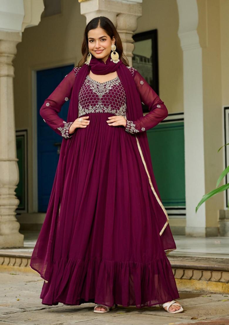 Purple Embroidered Georgette Anarkali With Dupatta - Indya