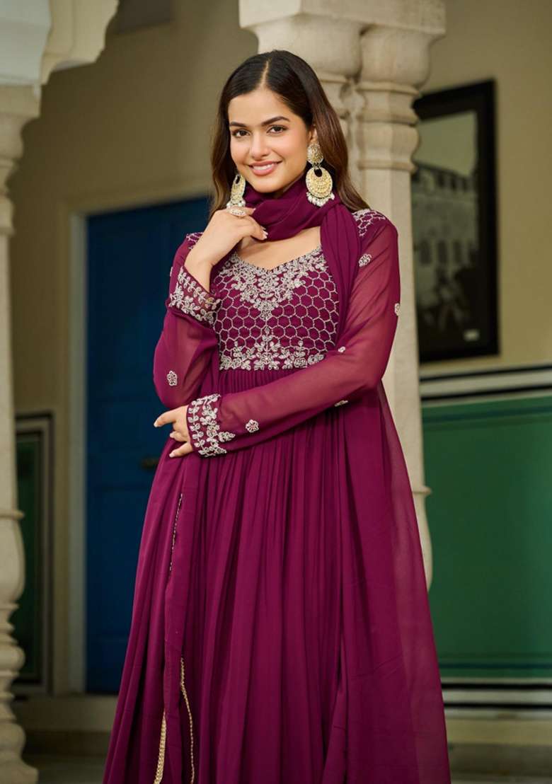 Purple Embroidered Georgette Anarkali With Dupatta - Indya